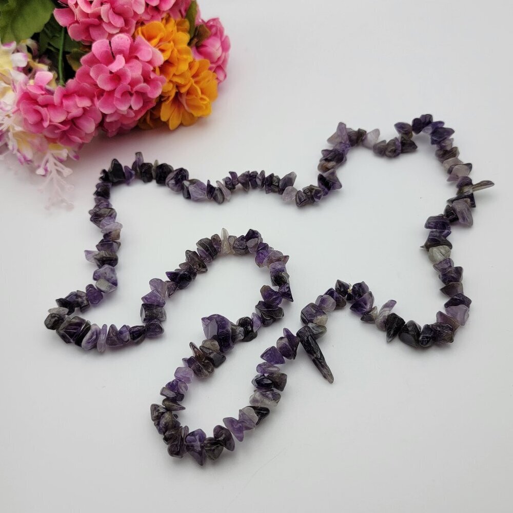 Chunky Amethyst Crystal Chip Beaded Necklace 31 Inch Continuous Strand